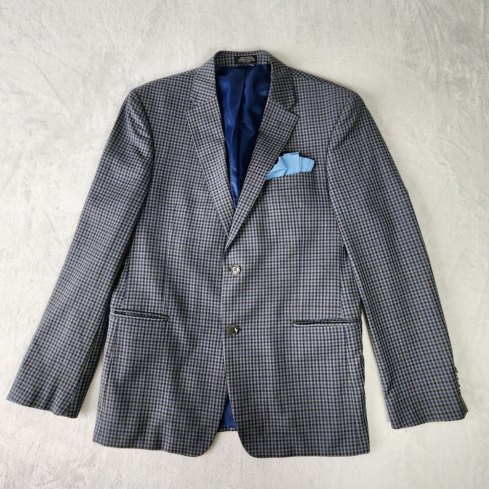 Tommy Hilfiger 100%‎ Wool Blazer Mens 40R Sport Coat Brown Blue Check Hipster